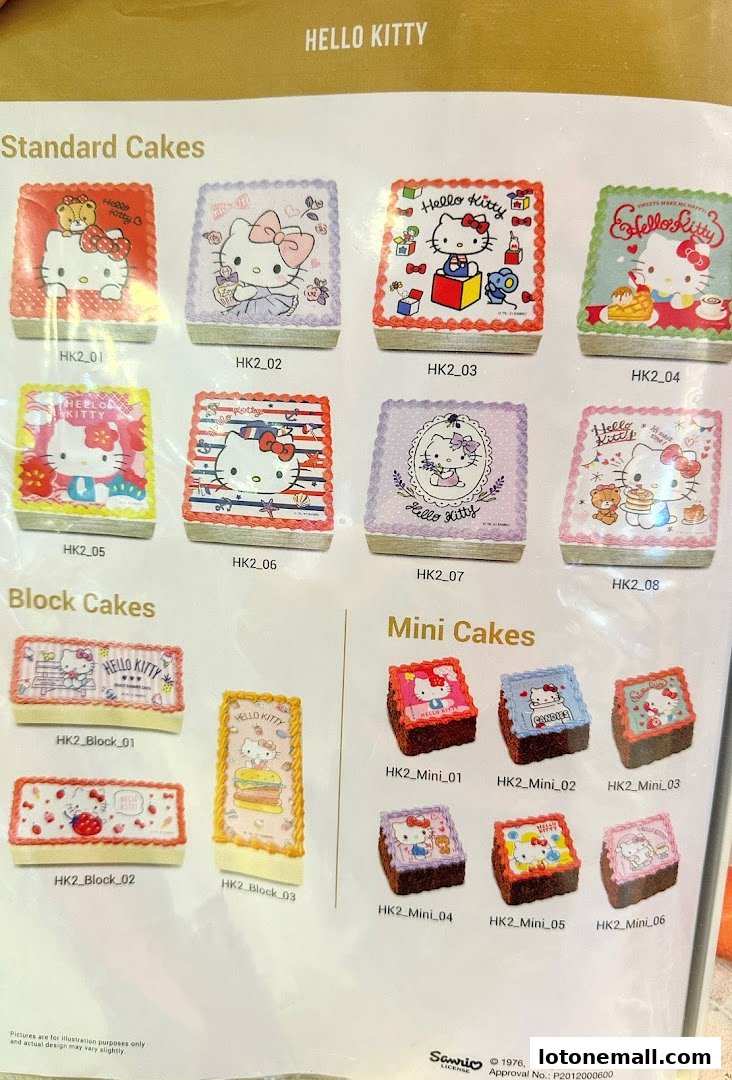 A menu showcasing various Hello Kitty themed cakes, including standard, block, and mini sizes.