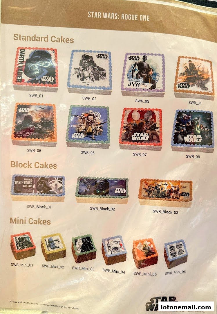 A menu showcasing Star Wars themed cakes in standard, block, and mini sizes.
