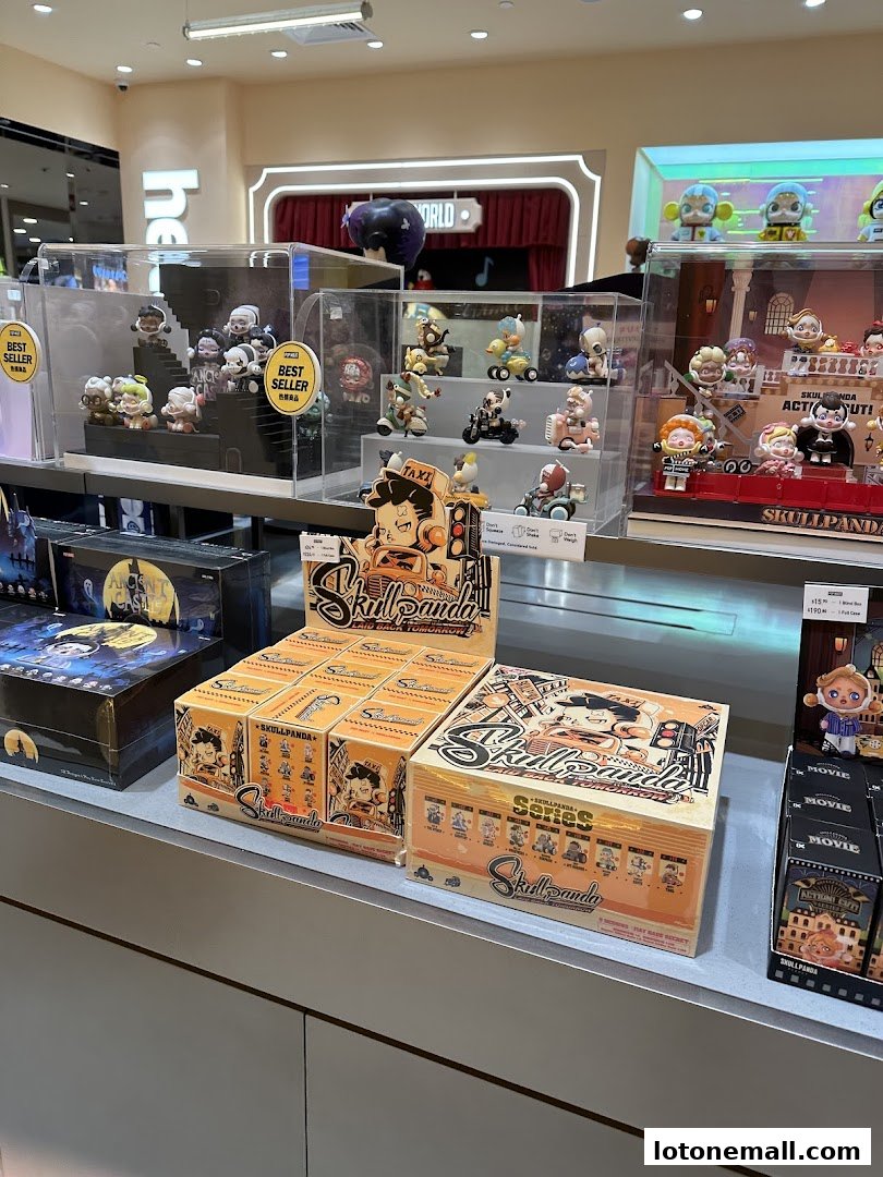 A display of collectible blind box toys from POP MART, featuring various series and characters.