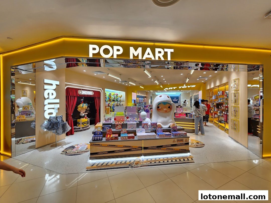 The brightly lit POP MART store entrance showcases popular art toys and collectibles.