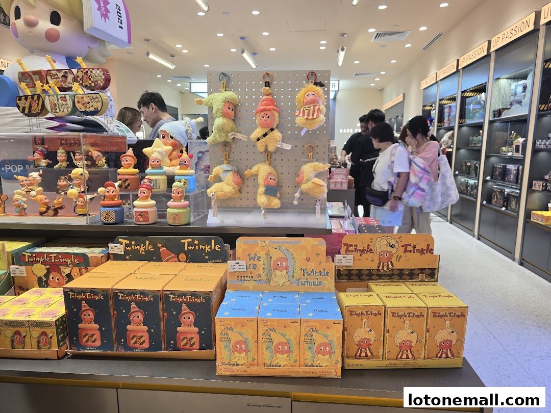 A POP MART store interior showcasing various collectible toys and merchandise, with customers browsing.