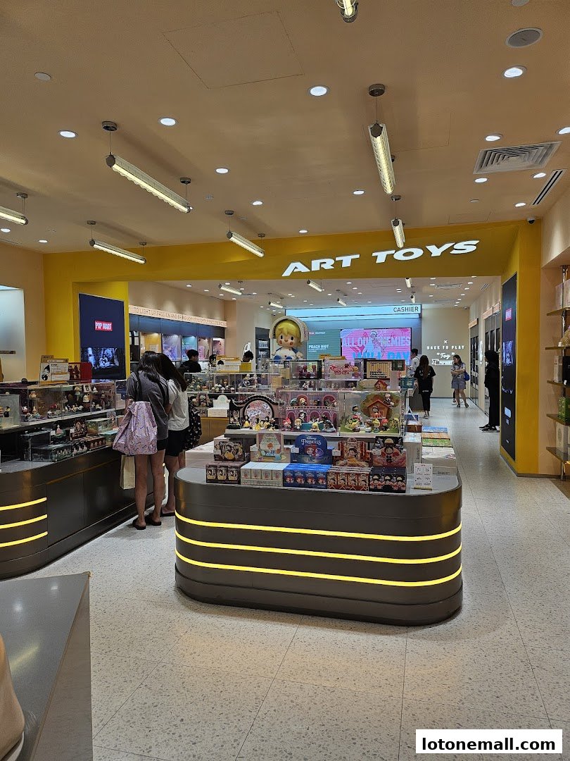 Interior of a POP MART store showcasing various collectible toys and displays.