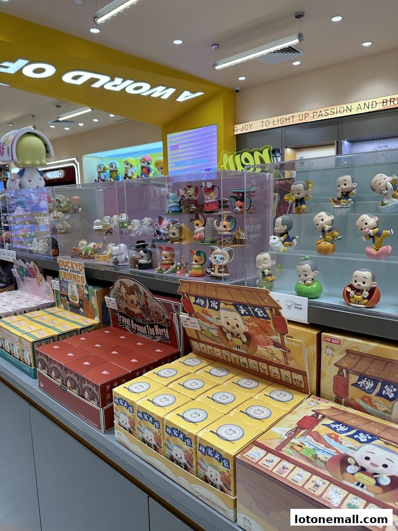 A POP MART store interior showcasing various collectible blind box toys and figurines on display.