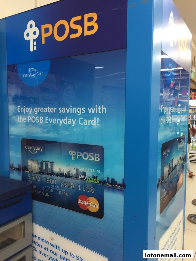 A POSB bank promotional display featuring the POSB Everyday Card with savings benefits.