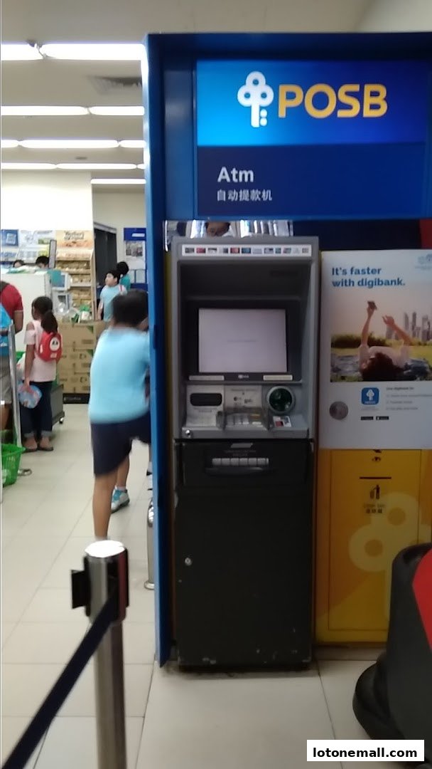 A POSB ATM machine is shown with a promotional poster next to it.