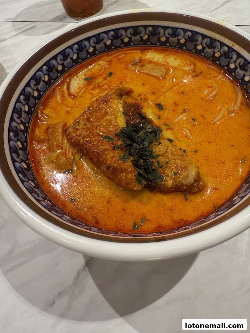 A close-up shot of a delicious bowl of Laksa with a piece of fried tofu.