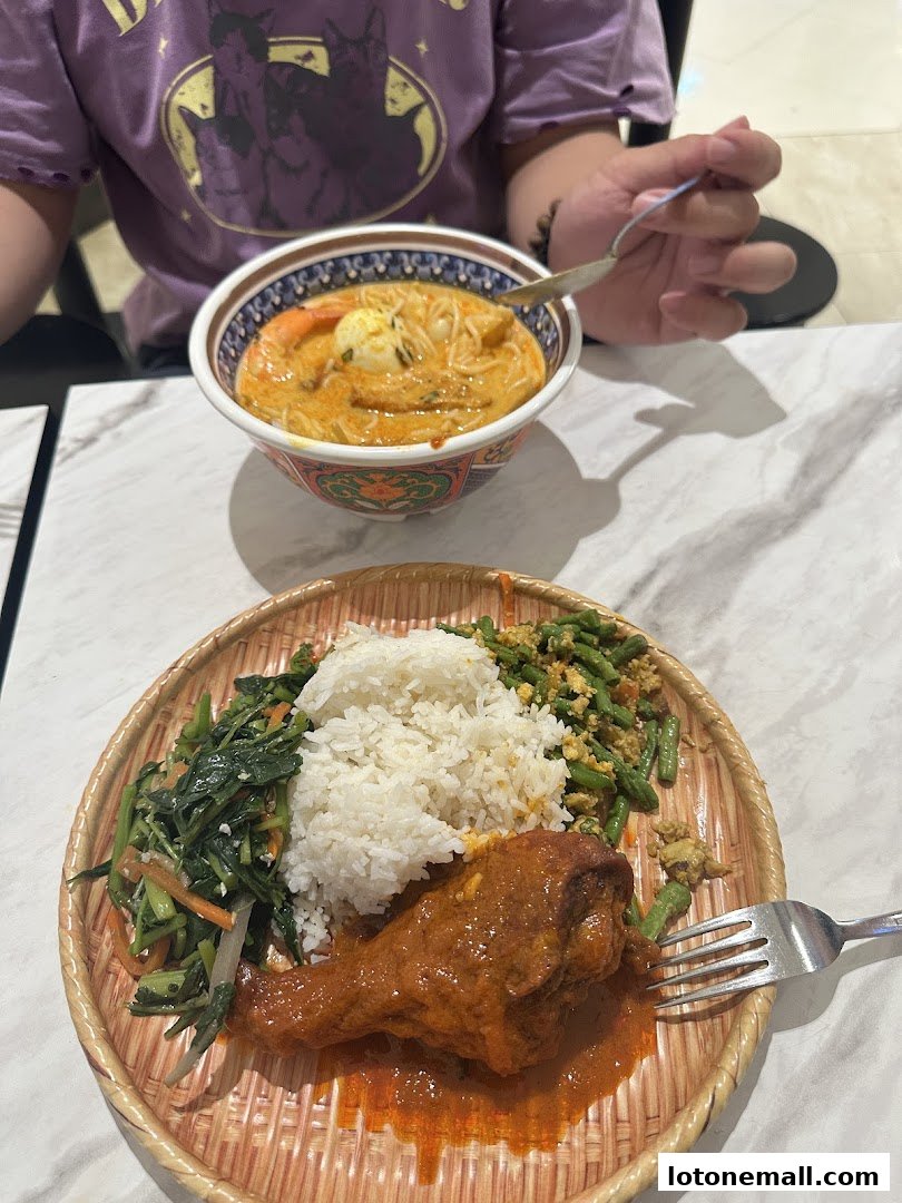 A person enjoys a meal of curry laksa and a rice dish with chicken and vegetables.