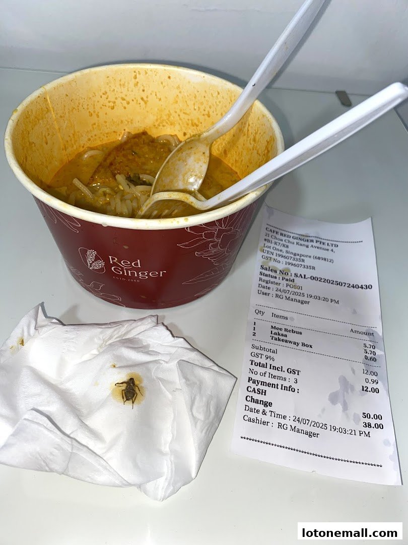 A bowl of Laksa with a receipt and a napkin with an insect.