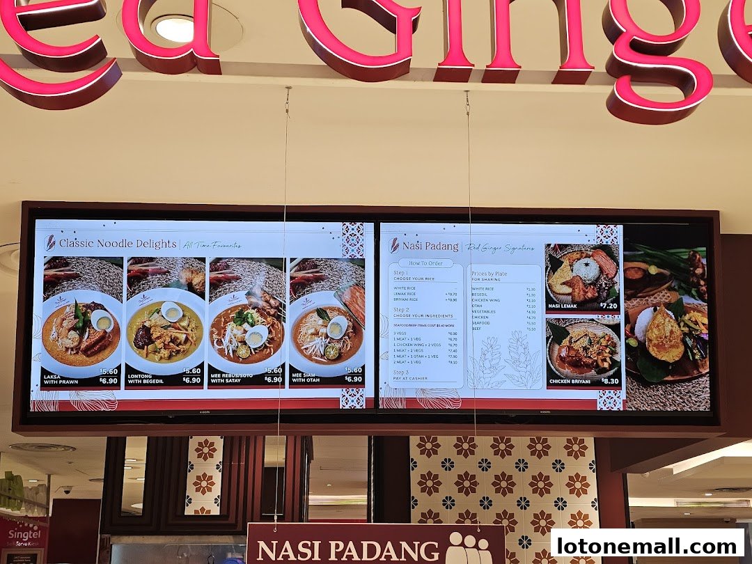 A digital menu board displaying classic noodle dishes and Nasi Padang options from Red Ginger.