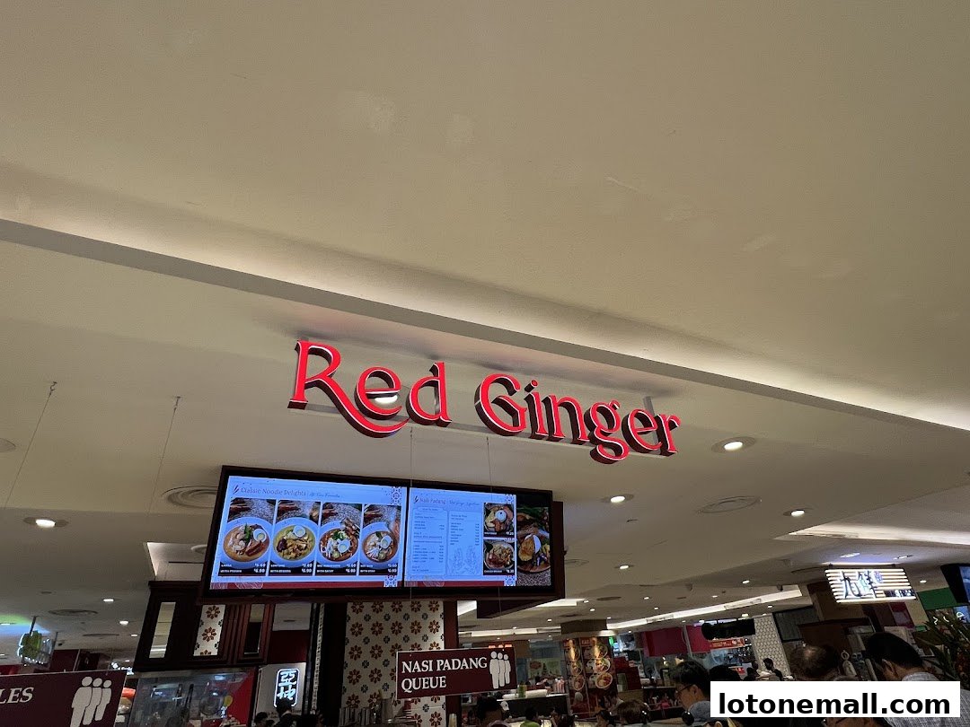 The Red Ginger shop sign is displayed prominently above a digital menu board.