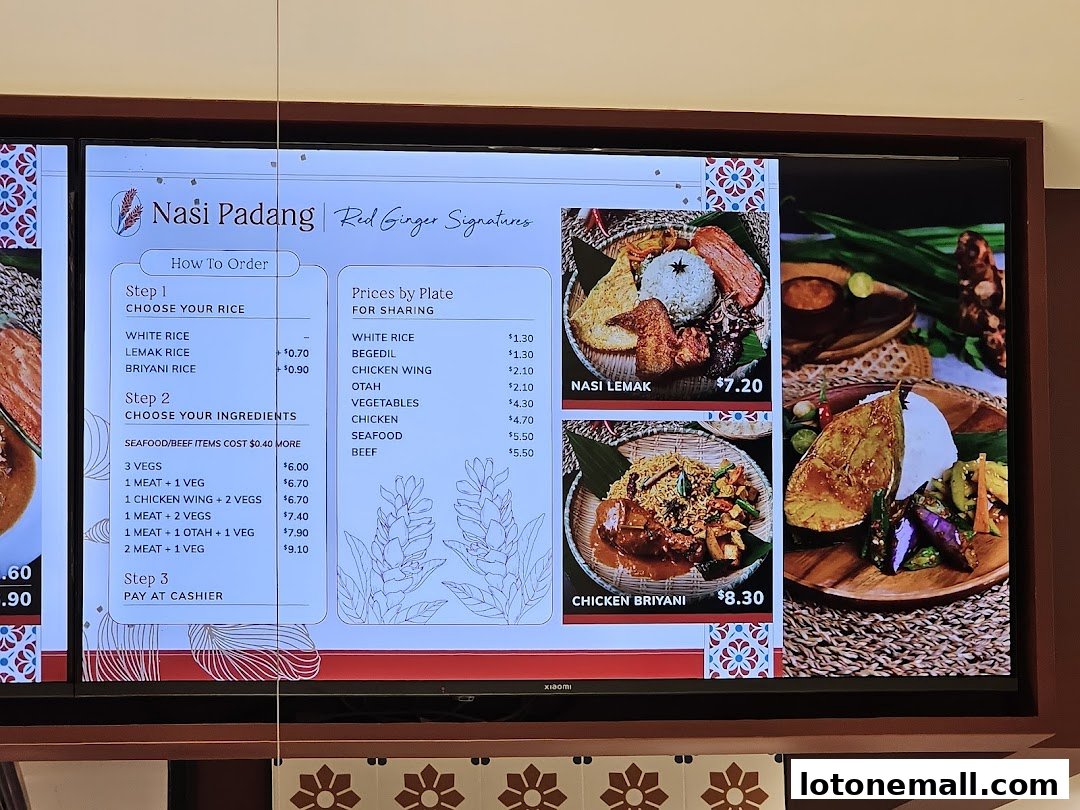 A digital menu board displaying Nasi Padang dishes and pricing from Red Ginger.
