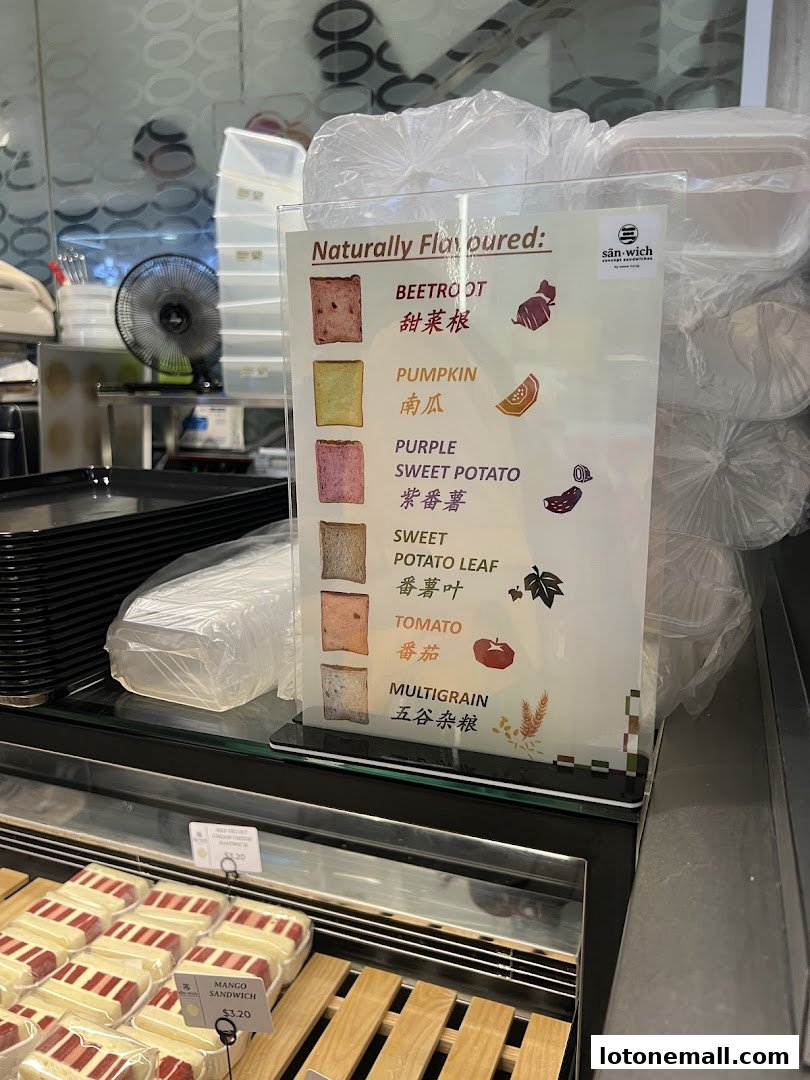 A display of naturally flavored bread slices and sandwiches at San.wich by Swee Heng.