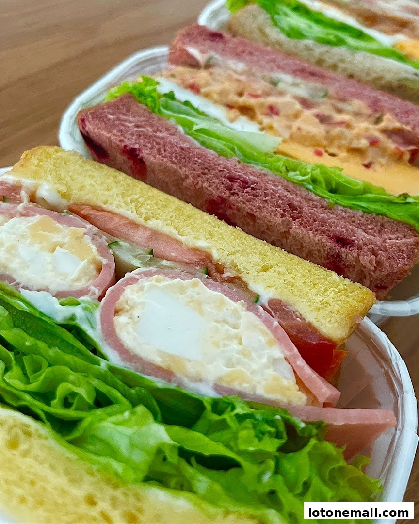 A close-up shot of various delicious sandwiches with fresh ingredients and colorful fillings.