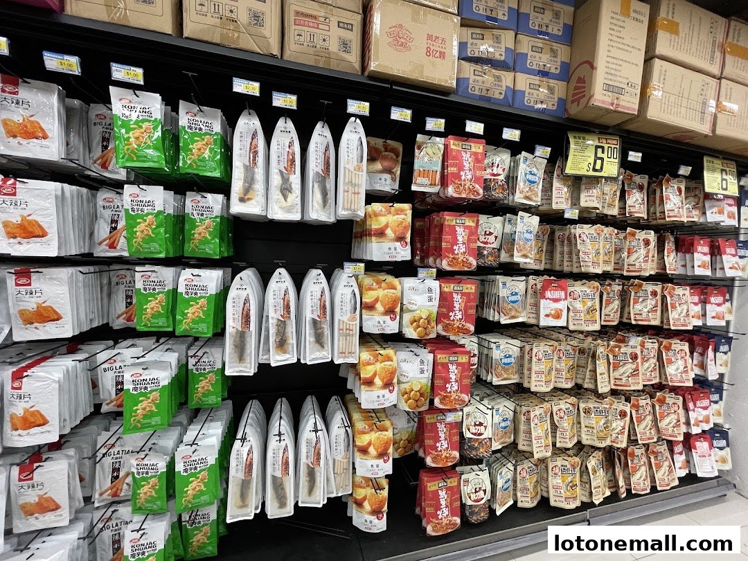Shelves stocked with various packaged snacks and food items, including dried fish and konjac.