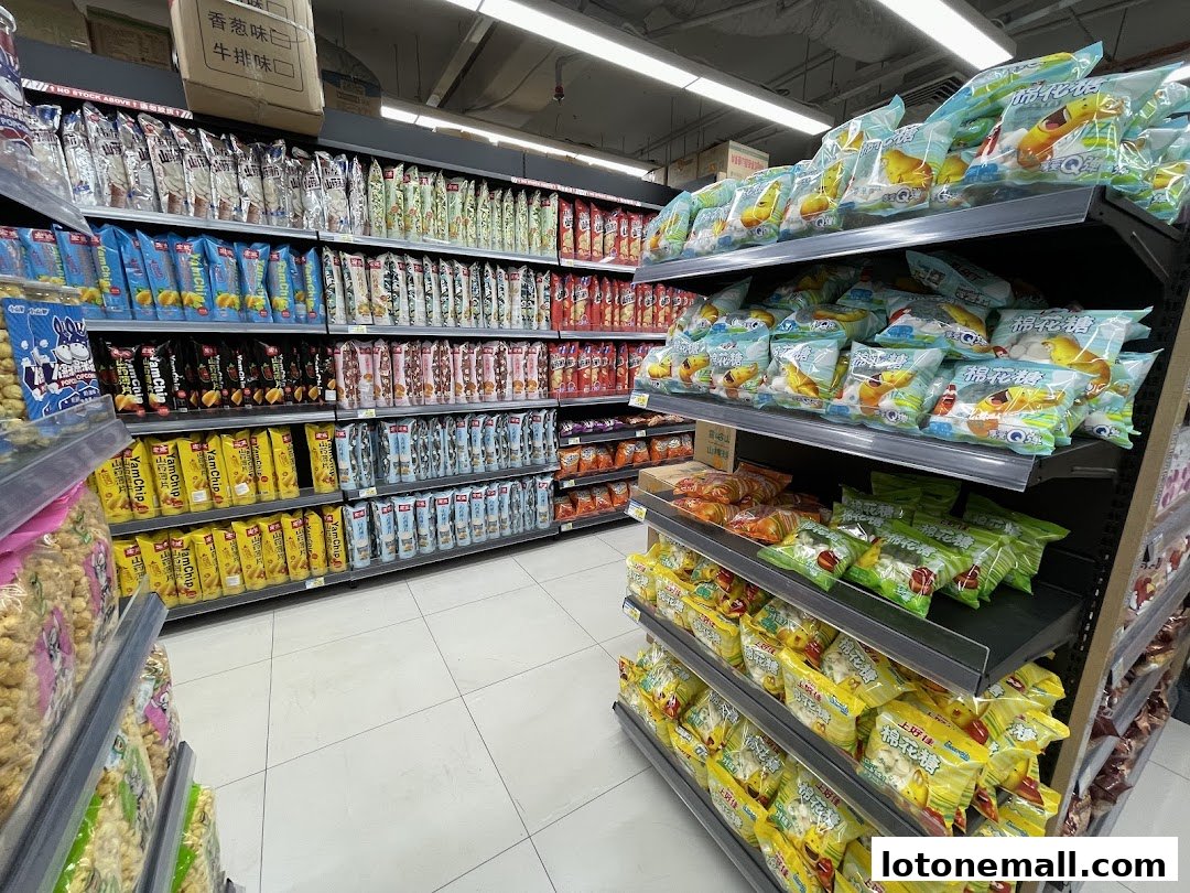 A wide selection of snacks and candies displayed on shelves in a supermarket.
