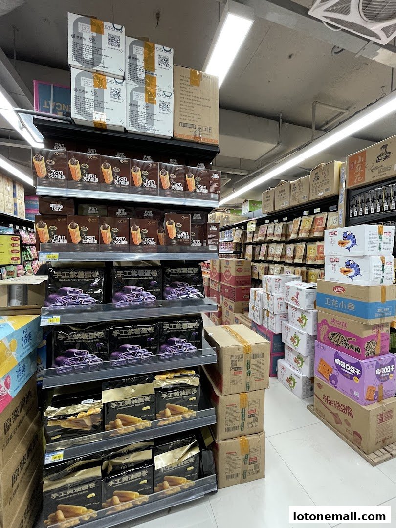 A supermarket aisle stocked with various snacks and packaged goods, including cookies and candies.