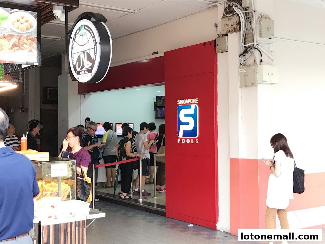 People queue at the Singapore Pools outlet with a Halal sign visible.