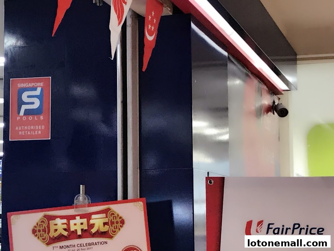 A Singapore Pools authorised retailer sign and FairPrice logo are visible.