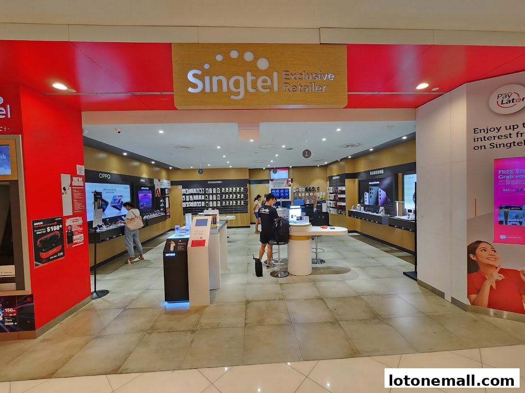 Interior view of a Singtel Exclusive Retailer shop showcasing mobile phones and accessories.