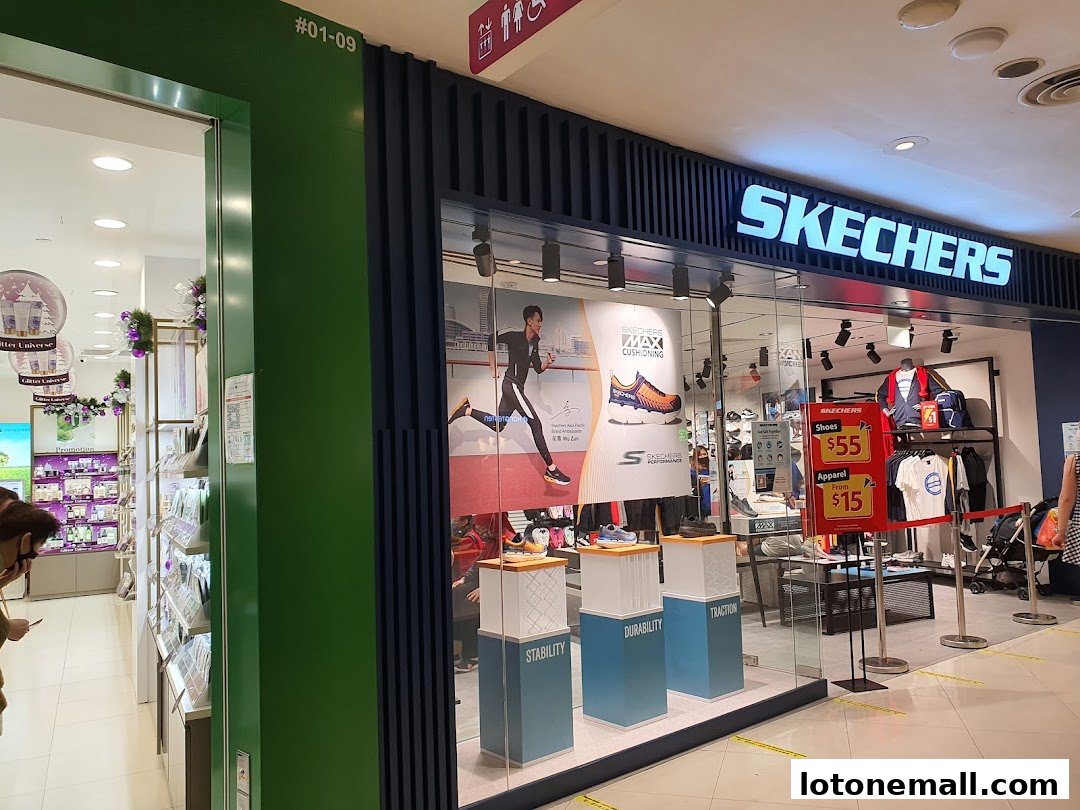 The Skechers store front displays shoes and apparel with promotional signage.