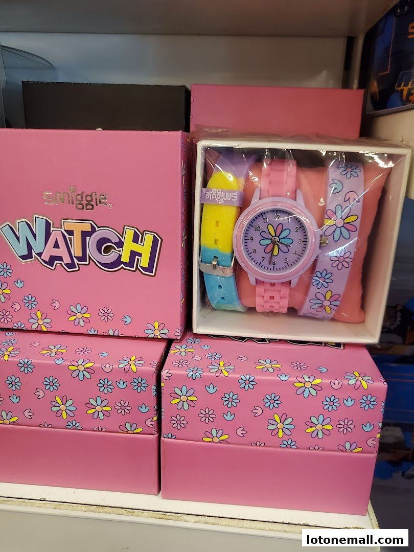 Smiggle branded watch gift sets with colorful floral packaging and watch bands.