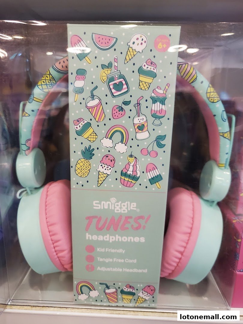 A pair of Smiggle Tunes headphones with a colorful, fun design featuring ice cream and fruit.