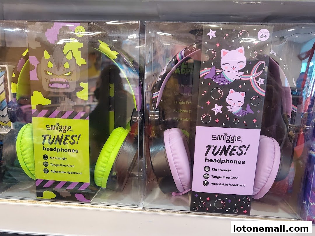 Two pairs of Smiggle headphones, one with a monster design and one with cat mermaids, are displayed in packaging.