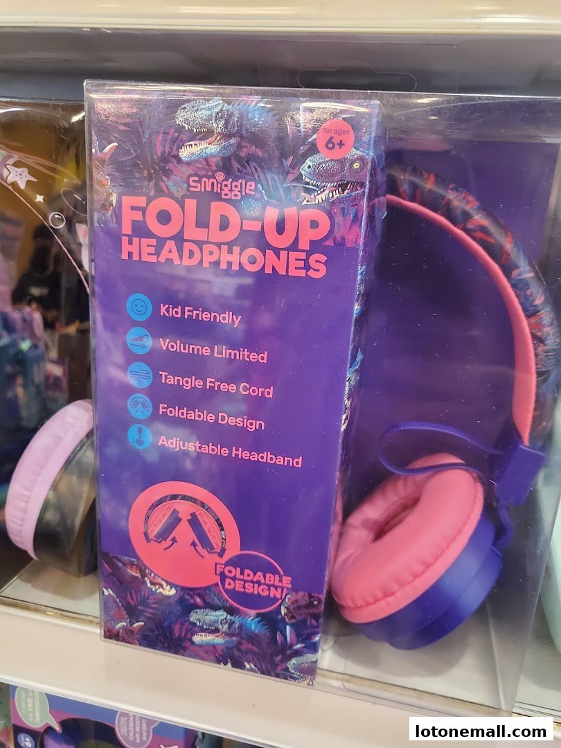 Smiggle fold-up headphones with a dinosaur theme, featuring kid-friendly features.