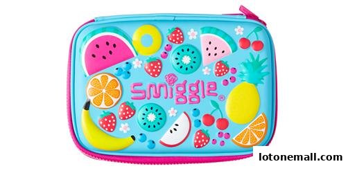 A Smiggle pencil case adorned with colorful fruit designs and the Smiggle logo.