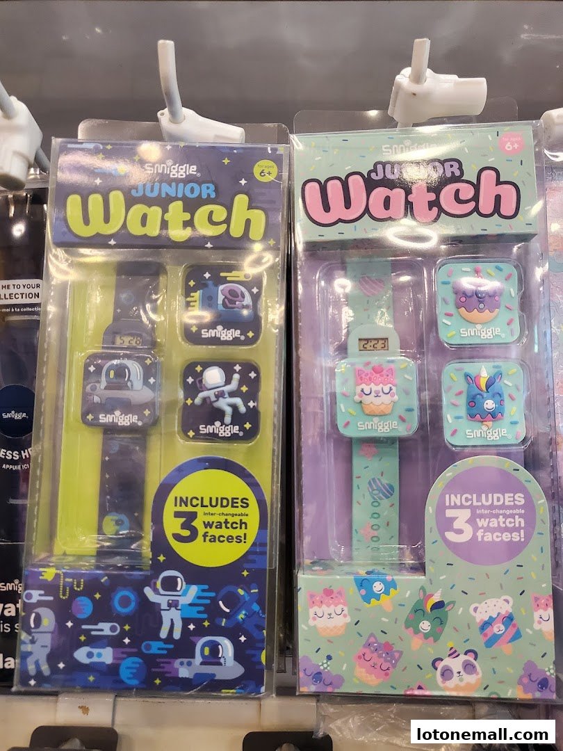 Two Smiggle Junior Watch gift sets, one with an astronaut theme and the other with a cupcake theme.