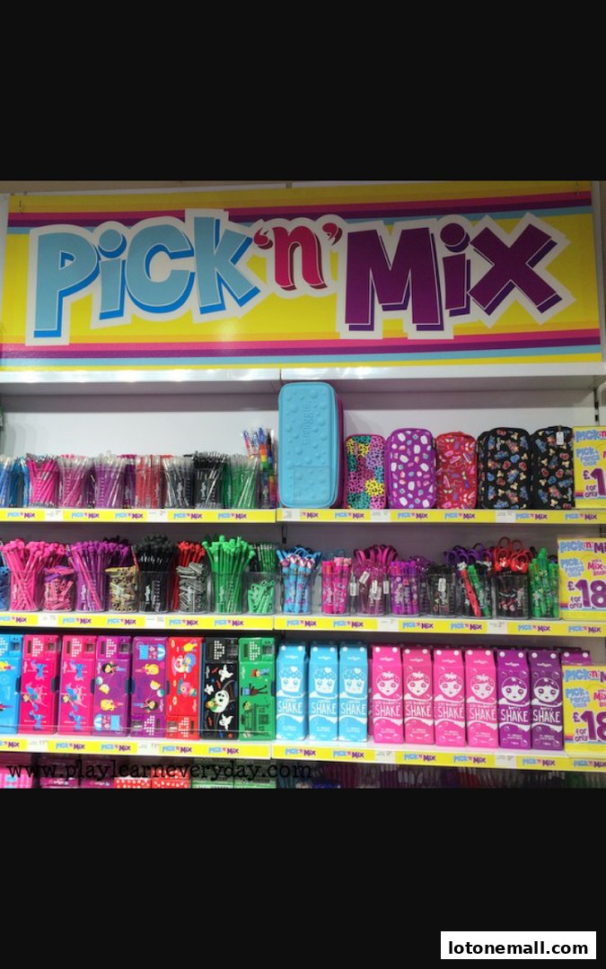 Shelves stocked with colorful stationery, pencil cases, and pens, featuring a 'Pick 'n' Mix' display.