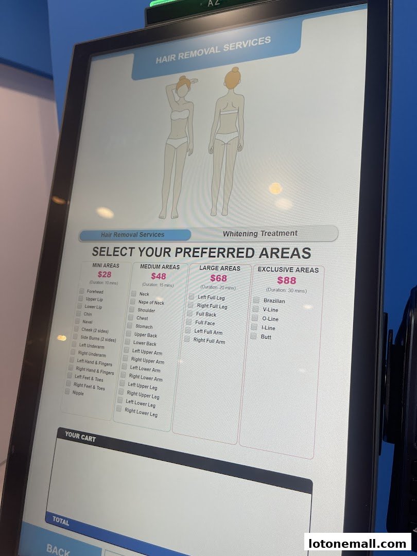 A digital menu displaying hair removal services and prices for different body areas.
