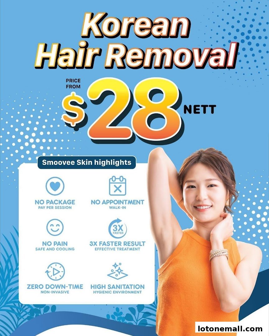 Advertisement for Smoovee Skin Korean Hair Removal, highlighting benefits and a starting price.