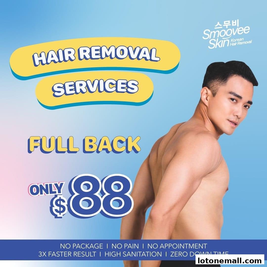 Advertisement for Smoovee Skin Korean Hair Removal featuring a man and a special offer for full back hair removal.