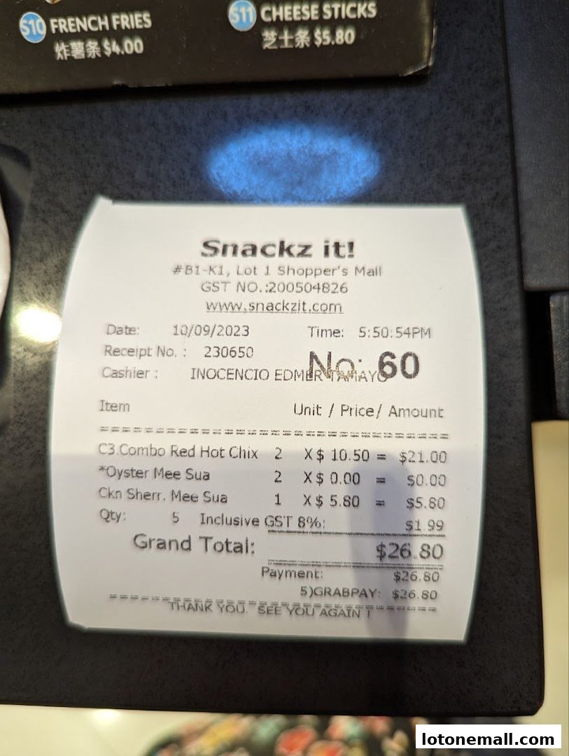 A receipt from Snackz It! showing purchased items and their prices.