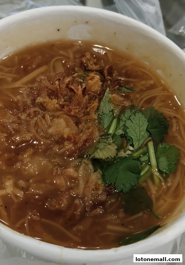 A close-up of a bowl of noodles with broth, topped with fried onions and cilantro.