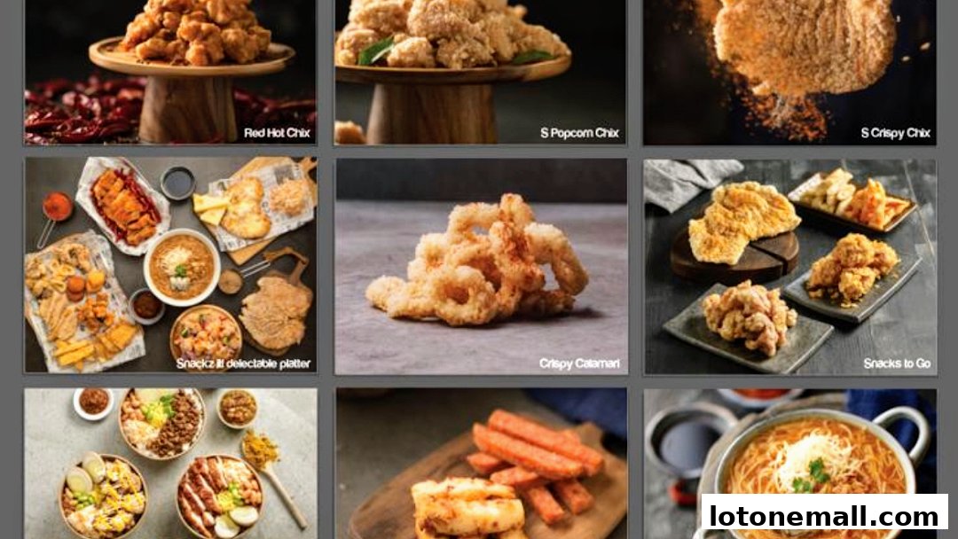 A collage of various fried snacks and dishes, including chicken, calamari, and bowls of food.