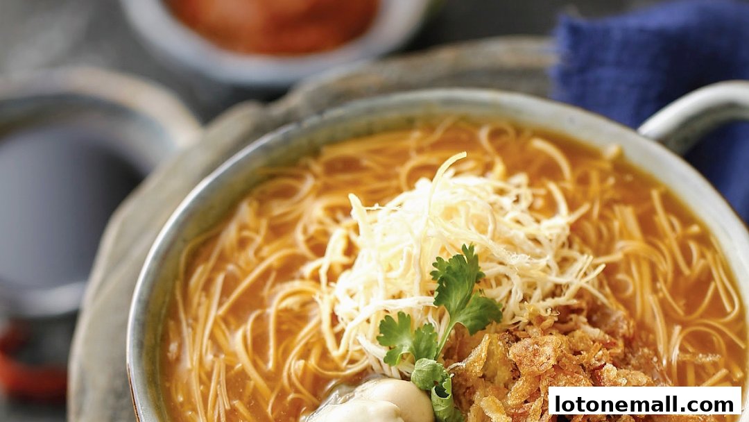 A close-up of a steaming bowl of noodle soup with shredded toppings and a garnish.