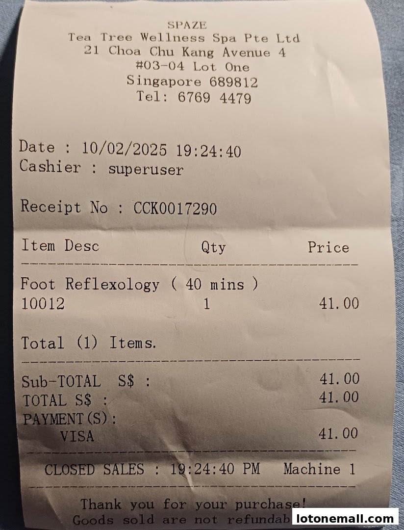 A receipt from SPAZE Tea Tree Wellness Spa Pte Ltd for Foot Reflexology.