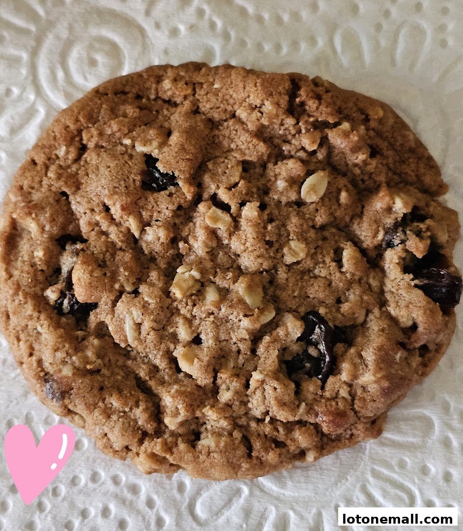 A close-up shot of a freshly baked oatmeal raisin cookie on a white napkin.