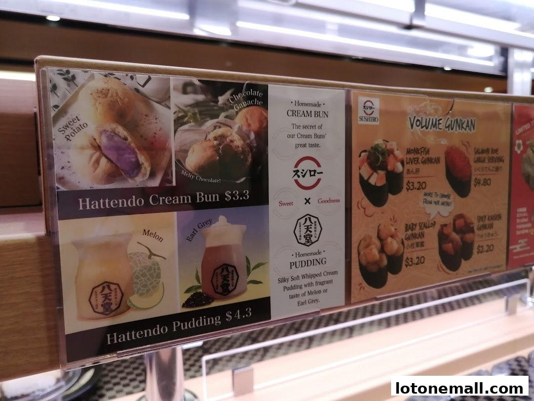 A display of various sushi and dessert items with their names and prices.