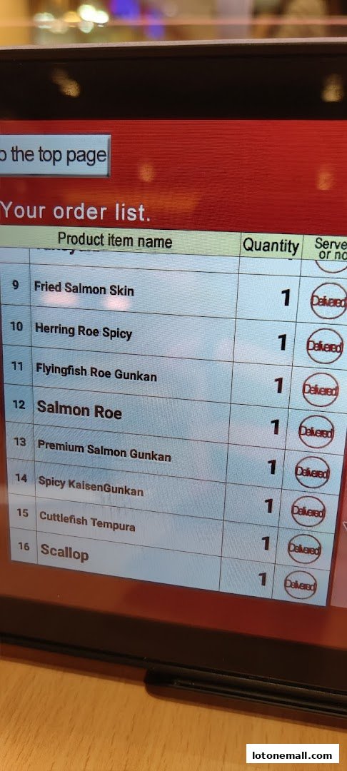 A digital order list showing various sushi items with quantities and delivery status.