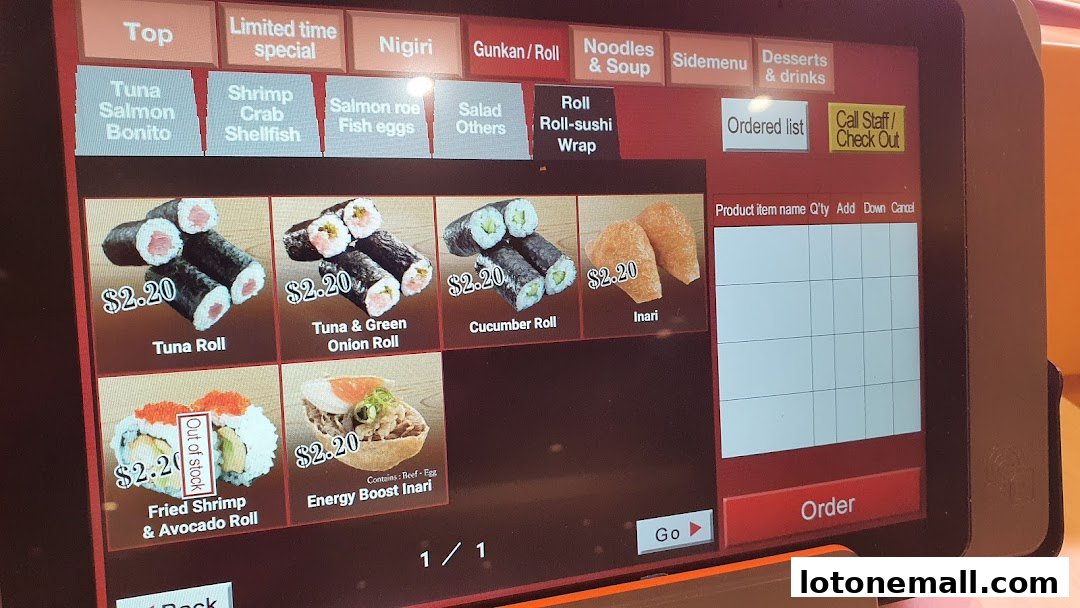 A digital menu displaying various sushi rolls and inari with prices and images.