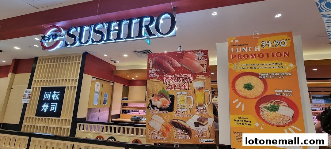 The Sushiro restaurant entrance with promotional posters for sushi and lunch specials.