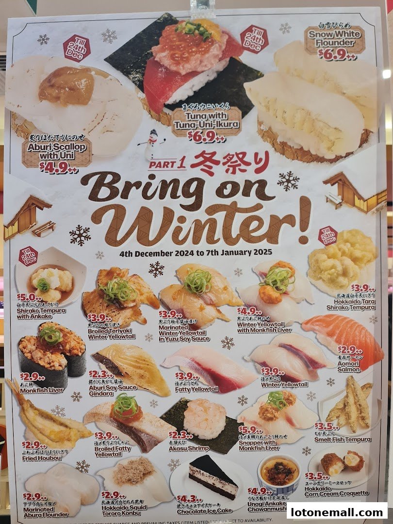 A promotional poster for Sushiro's winter menu featuring various sushi and side dishes.