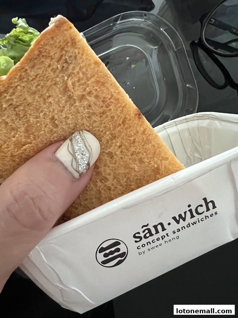 A hand holds a sandwich in a branded paper container from San.wich by Swee Heng.