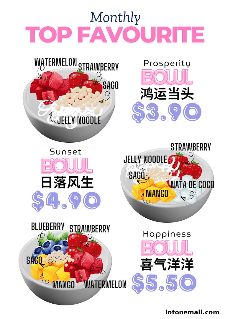 A menu showcasing four colorful dessert bowls with various fruits and toppings.