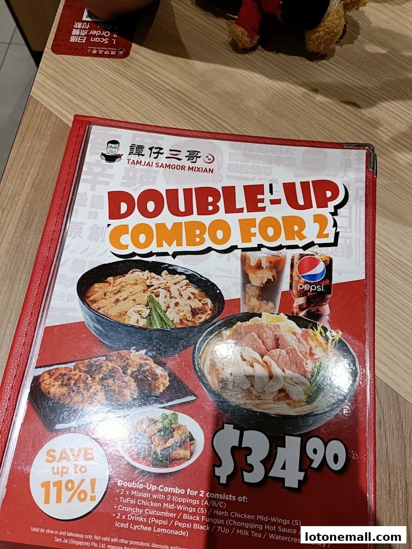 A menu for TamJai SamGor Mixian featuring a Double-Up Combo for 2.