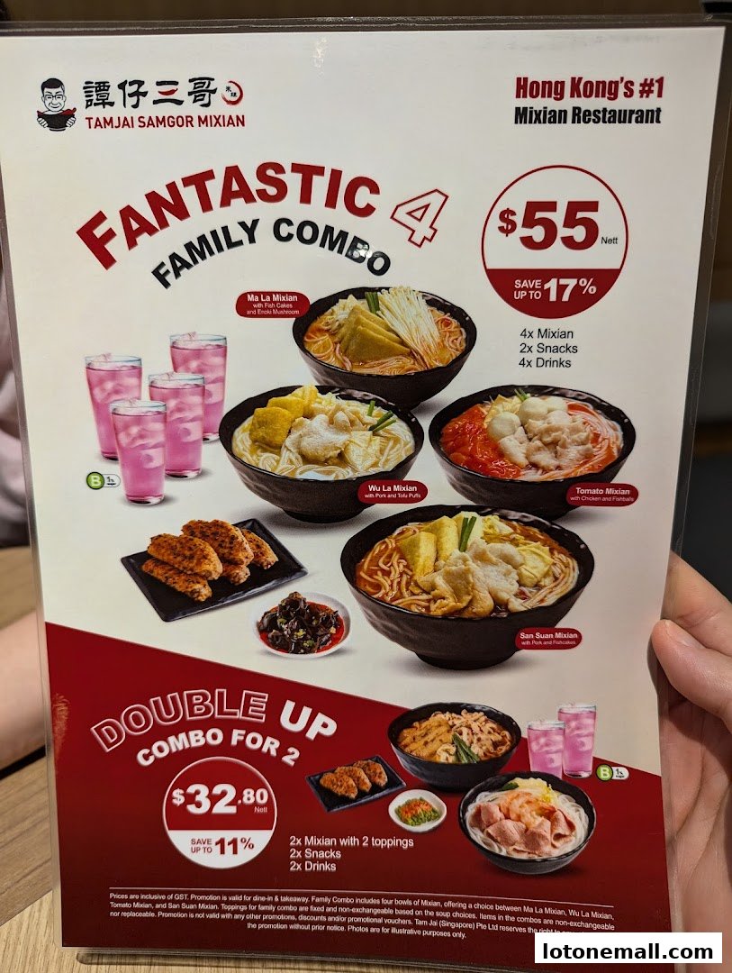 A menu from TamJai SamGor Mixian showcasing family and double-up combos with various noodle dishes, snacks, and drinks.