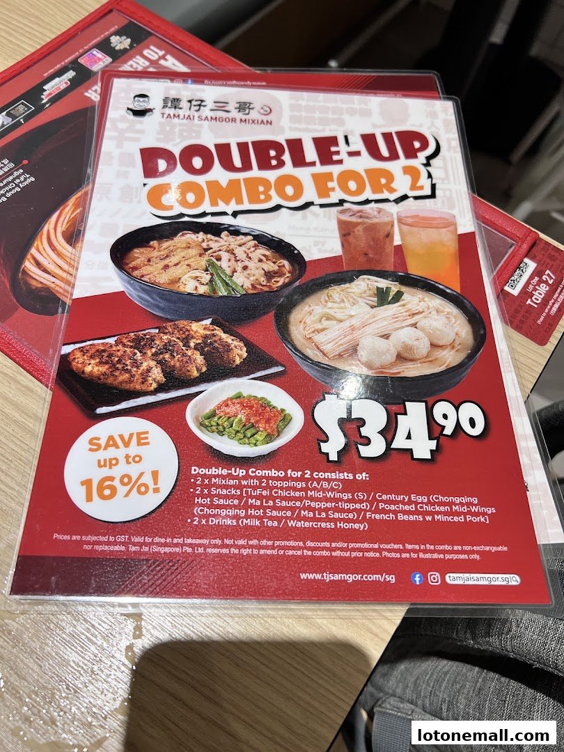 A menu for TamJai SamGor Mixian's Double-Up Combo for 2, priced at $34.90.